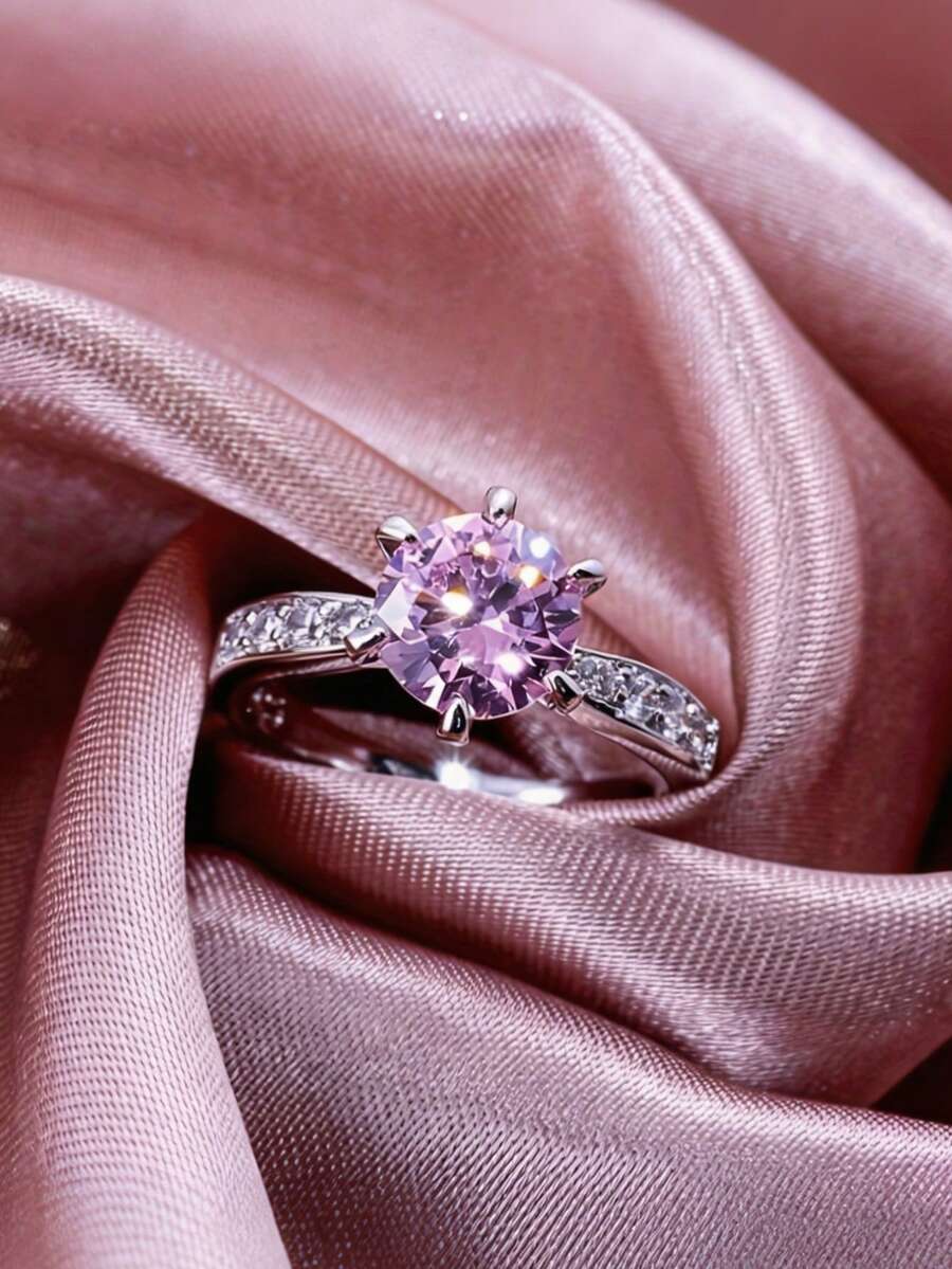 1pc Women's Round Pink Cubic Zirconia Ring, Suitable For Wedding, Engagement, Anniversary, Party Wear, Valentine's Day Gift, No Packaging Box - Pink - View 1