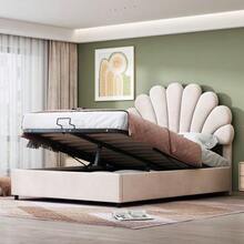 Polsterbett 140 x 200 cm, mit geblümtem Kopfteil und Lattenrost, mit höhenverstellbarem Kopfteil und hydraulischem Stauraum, Juniorbett doppelt, hautfreundlicher Samtstoff, Beige - Beige + Gepolstert - Übersicht 1