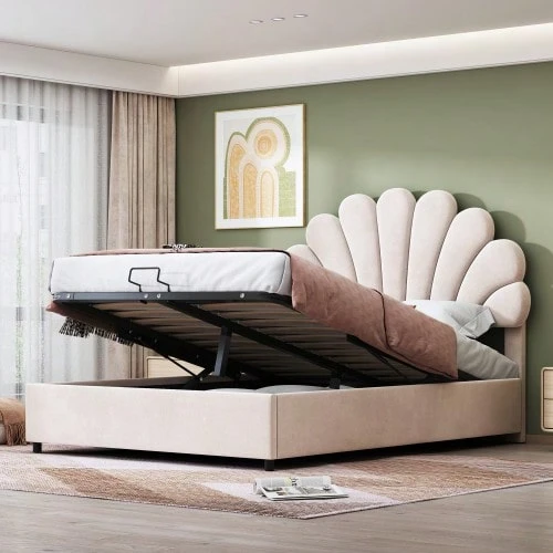 Polsterbett 140 x 200 cm, mit geblümtem Kopfteil und Lattenrost, mit höhenverstellbarem Kopfteil und hydraulischem Stauraum, Juniorbett doppelt, hautfreundlicher Samtstoff, Beige - Beige + Gepolstert - Übersicht 1