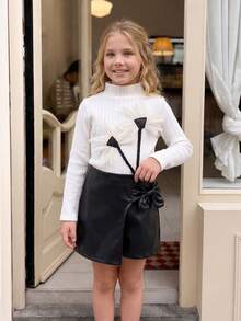 Girls' Autumn/Winter PU Leather Skirt & Shorts Set, Cute 3D Floral Ribbed Long Sleeve Top + Bow PU Leather Shorts, 2 Pieces Set - Black and White - View 7