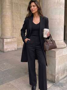 Women's Black Long Blazer Coat, Classic Notch Lapel Single-Breasted Design, Draping Structured Fabric, Loose Drop Shoulder Fit, Commuter Style Mid-Length Blazer Jacket, Early Autumn Slimming Top - Black - View 6