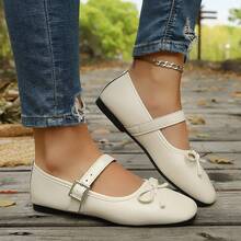 Women's Soft Round Toe Buckle Flat Mary Jane Shoes With Sweet Bow, Gentle Style, Versatile For Spring And Autumn Outings - Beige - View 5