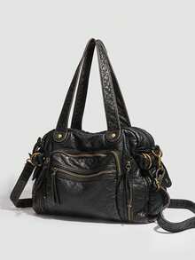 1pc Black Vintage Distressed Leather Multi-Zipper Pocket Handbag & Crossbody Bag, With Brass Hardware, Women's Casual Daily Commute Style - Multi-color - View 5