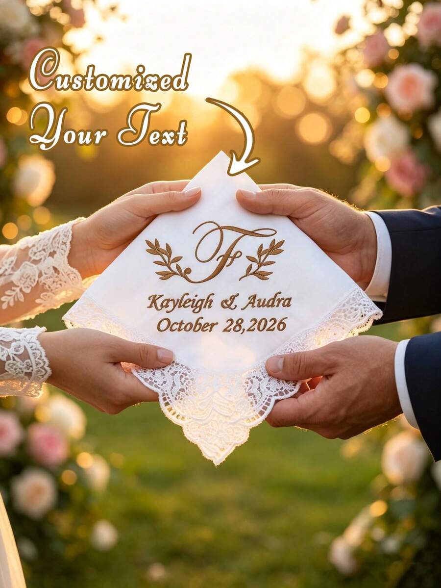 Personalized Embroidered Wedding Handkerchief, Custom Monogram Name Date Lace Trim Linen Hankie, Bridal Keepsake Handkerchief, Wedding Ceremony Bridal Shower Gift For Bride - Multicolor - View 1