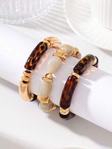 3pcs Pink Resin Bead Bracelet Set - Women's Stackable Gold Asymmetrical Leopard Print Elastic Bracelets, Bohemian Layered Jewelry Gift - Multi-color Leopard Print - View 4