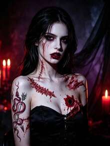 3PCSRealistic Halloween Fake Scar Tattoo Stickers, Waterproof Temporary Wound Decals For Zombie Vampire Cosplay, Halloween Party Costume Accessories - Red - View 6