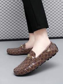 GAISIMA Men's Retro All-Over Print Slip-On Loafers, Metal Buckle Flat Driving Moccasins, Casual Everyday Wear, Suitable For All Seasons - Brown - View 7
