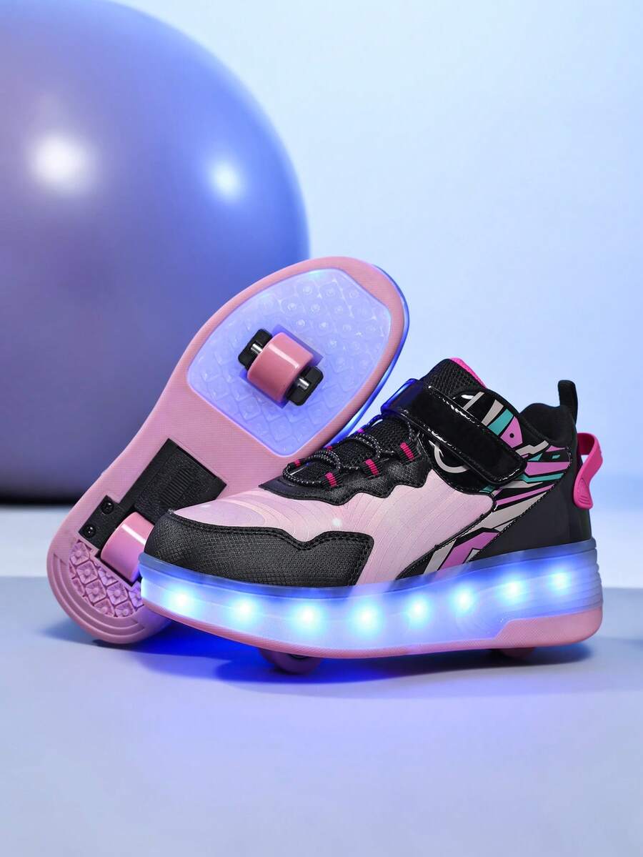 BLSART 1 Pair Kids 2-In-1 Four-Wheel LED Light-Up Roller Skates, USB Rechargeable Adjustable Outdoor Skates, Birthday Gift For Boys And Girls - Black and Pink - View 1