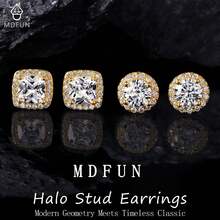 MDFUN 18K鍍金圓形方形立方鋯石模擬鑽石光環耳釘 - 金色 - 查看 2