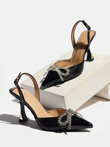 Sepatu hak tinggi wanita model slingback dengan hiasan pita berlian imitasi, warna hitam mengkilap, bahan payet, bagian belakang terbuka, cocok untuk pesta, pernikahan, acara malam hari, perjamuan, musim semi, musim panas, musim gugur, dan musim dingin. - Hitam - View 7