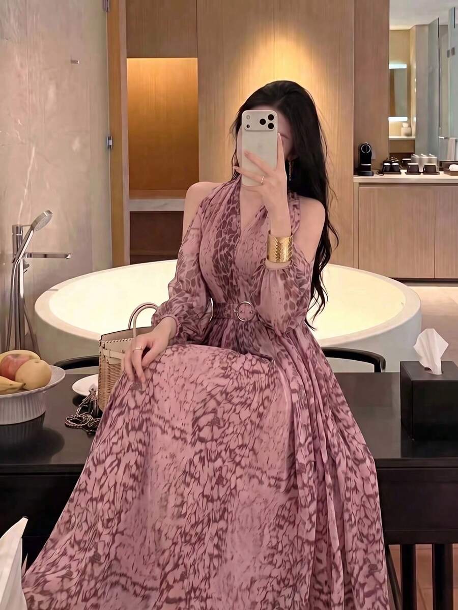 女款優雅性感現代長袖印花露肩洋裝,附客製化腰帶,時尚顯瘦喇叭裙 - 粉色 - 查看 1