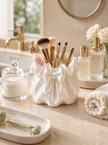 1pc Drawstring Satin Large Bow Makeup Brush Storage Bucket, Elegant Desktop Cosmetic Organizer, Vanity Bathroom Decor Makeup Storage Box, Multifunctional Storage Bucket For Beauty Tools And Small Accessories, Bathroom Accessories, Toothbrush - Multicolor - View 7
