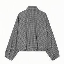 Women's Plaid Long Sleeve Shirt With Elastic Hem, Casual Style, Front Button Closure, Checkered Pattern - Black and White - View 7