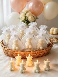 12/6/1 Set - Bear Wearing Heart Sweater Themed Aromatherapy Candle Baby Shower Party Favor Set, Animal Candles (Includes Organza Bag & Thank You Tag), Handmade Mini Cute Bear, Suitable For Baby Shower Gifts, Gender Reveal Party, Baby Shower Party Favors (White) - Multicolor - View 2