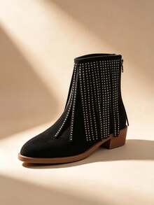 1 Pair Black Girls Faux Suede Fringe Ankle Boots, Rhinestone Studded Back Zipper Low Heel Western Boots, Kids Pointed Toe Boots For Party Daily - Black - View 5