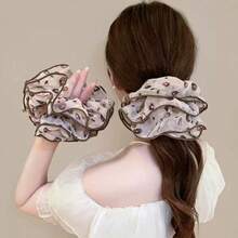 1pc Vintage Exquisite High-End Korean Style Multi-Layer Chiffon Floral Print Ruffle Elastic Hair Tie Hair Scrunchies - Brown Ruffled Hair Tie - View 2