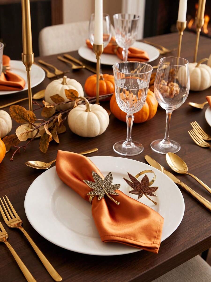 2-8pcs Vintage Distressed Bronze Maple Leaf Napkin Rings, Thanksgiving Halloween Table Decor, Suitable For Home Decor, Party Decoration, Holiday, Party, Gathering, Birthday, Gift, Gift Giving, Dinner, Outdoor - Multicolor - View 1