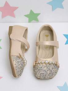 1 Pair Girls' Rhinestone & Pearl Pink Hook-And-Loop Mary Jane Shoes, Suitable For Performance, Party, Daily Wear - Baby Pink - View 5