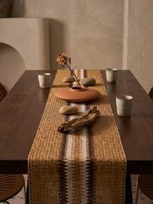 1pc Brown & White Wide Striped Table Runner, Natural Rustic Style, Long Rectangular Woven Texture Detail, Decorative Functional Tea Mat For Tea Room Decor And Natural Home Decor Scenes - Khaki - View 2
