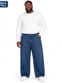 Hearty Haven 1pc Vintage Washed American Style Loose Straight Leg Jeans, Men's Casual Wide Leg Floor Length Pants - Blue - View 1