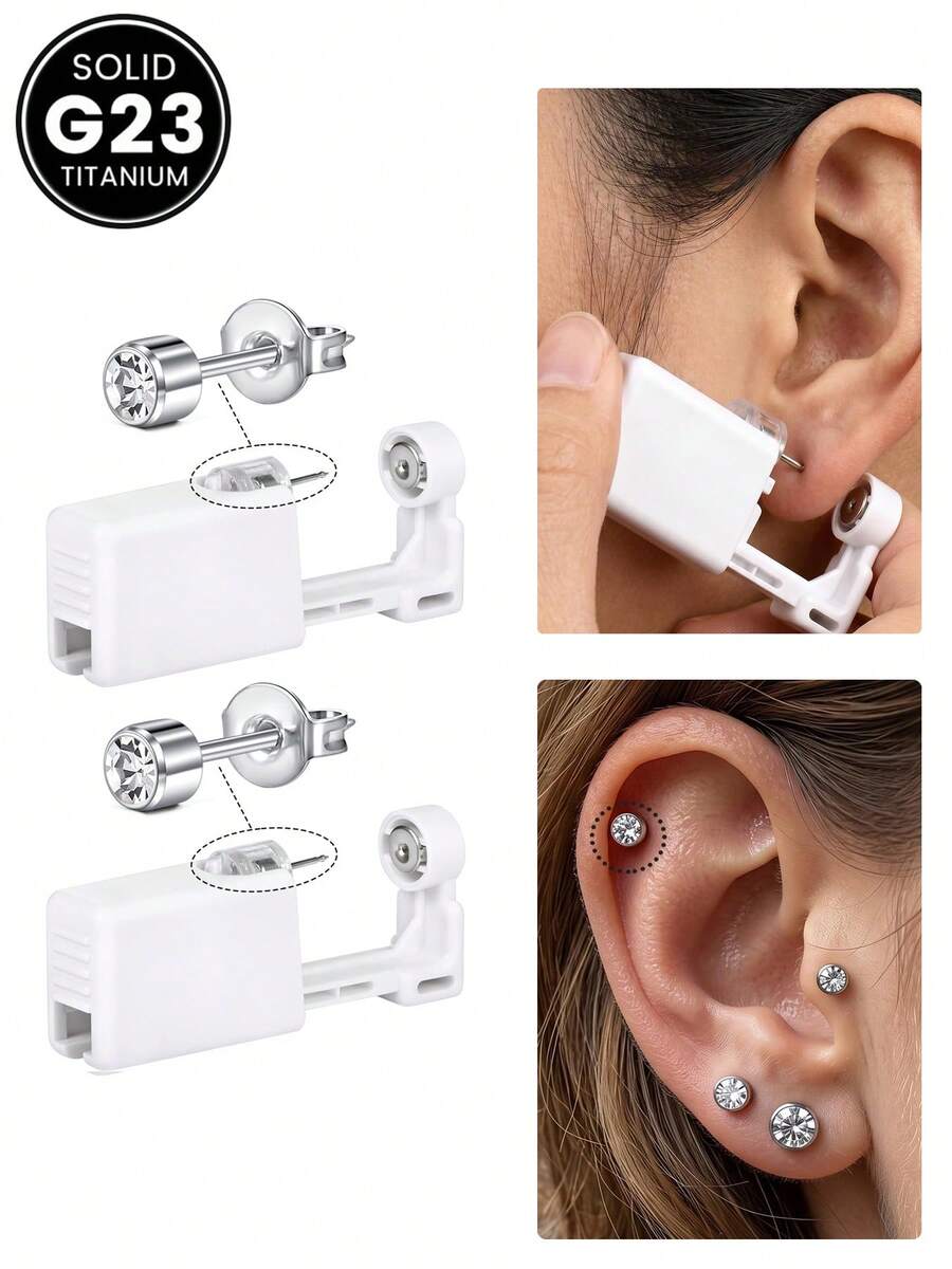 2/4/6/8Pcs/Set G23 Hypoallergenic Self Nose Piercing Kit Unit Disposable Nose Piercing Gun With Nose Stud Piercing Kit Tool For Cartilage Tragus Helix Piercing Gun Piercing Jewelry (Silver With CZ) - Multicolor - View 1