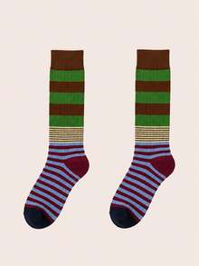 1 Pair Vintage Colorful Contrast Stripe Knit Calf Socks, Fashionable Versatile Daily Calf Socks - Multicolor - View 8