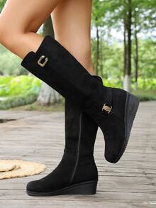 Sepatu Bot Tinggi Wanita Bertumit Wedges dengan Hiasan Gesper Logam, Resleting Samping, Sol Tebal, Gaya Komuter Retro, Sepatu Bot Panjang Musim Gugur/Dingin - Hitam - View 3