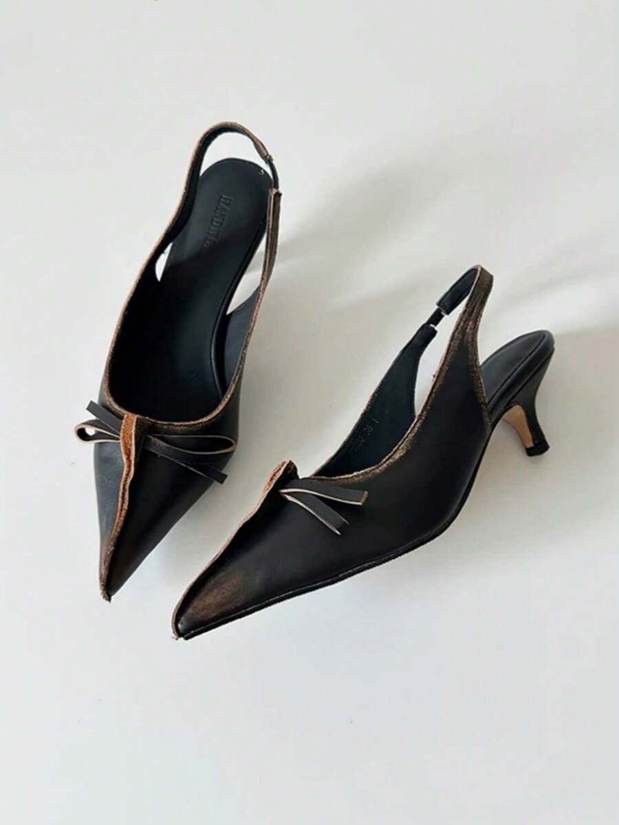 Plus Size Elegant Pointed Toe Bow Back Strap Thin Low Heel Daily Dress Pumps - Black - View 1