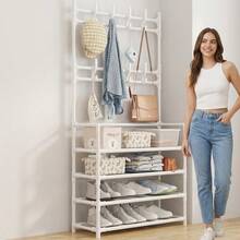 1pc 4-5 Tier Shoe Rack With Coat Hooks, Metal Entryway Mirror Coat Rack With 8 Hooks, Multi-Functional Large Capacity Shoe Storage Organizer, Sturdy Space-Saving, Suitable For Entryway, Hallway, Foyer, Apartment, Dorm - Multicolor - View 7