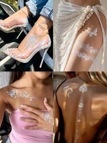 9 Sheets Holographic Stickers Flash Tattoos Glitter Butterfly Stickers Flower Tattoos For Arm Body Hair For Festival Carnival Bachelorette Back To School Party Travel Essentials - Multicolor - View 2