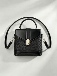 Black Woven Bucket Bag For Women Vintage Top Handle Crossbody Purse Gold Hardware Structured Handbag For Work - Black - View 5