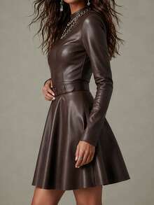 Women's Vintage Brown Faux Leather A-Line Mini Skirt, Long Sleeve PU Dress With Large A-Line Hem, Autumn Style - Coffee Brown - View 5