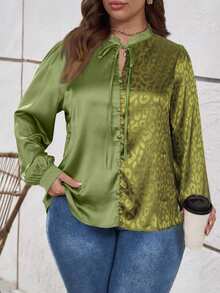 Women's Plus Size Casual Long Sleeve Leopard Print Jacquard Patchwork Shirt - Green - View 3