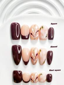 10片成熟風手工穿戴甲 Polygel 凝膠美甲套組，金箔、紅白色指甲油，時尚風格，附美甲工具，3種尺寸可選，方形、短方形、杏仁形，適合派對、跳舞、日常配戴（手工細節可能有所不同） - 彩色 - 查看 1