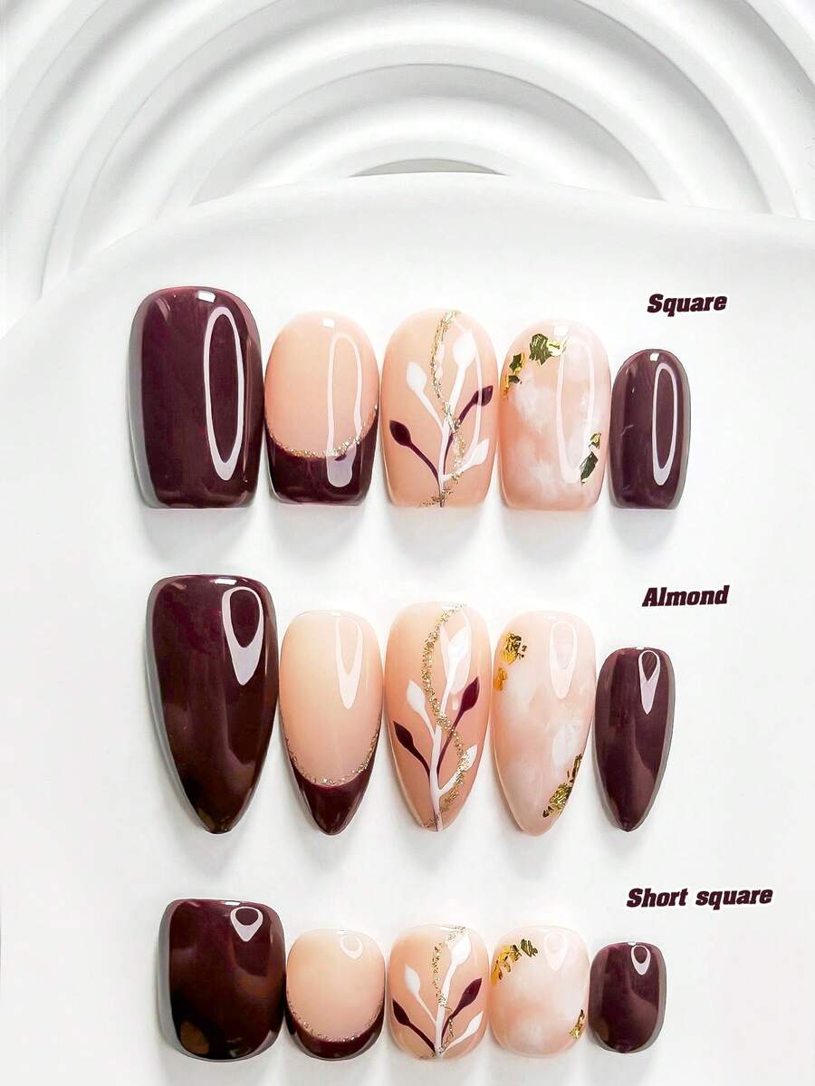 10片成熟風手工穿戴甲 Polygel 凝膠美甲套組，金箔、紅白色指甲油，時尚風格，附美甲工具，3種尺寸可選，方形、短方形、杏仁形，適合派對、跳舞、日常配戴（手工細節可能有所不同） - 彩色 - 查看 1