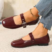 Women's Round Toe Low Heel Mary Jane Shoes, Metal Buckle Strap Shallow Vamp Shoes, Minimalist Korean Style Spring Autumn Commute Versatile Shoes - Burgundy - View 7