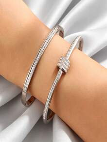 2pcs Minimalist Premium Silver Stainless Steel Rhinestone Inlaid Rotating Ball Bracelet, Women's Commute Party Atmosphere Accessory, Daily Outing Date Wear Highly Attractive Decorative Bangle - Silver - View 3