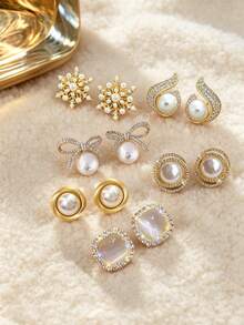 Elegant Pearl Earring Set With Multiple Styles Of Rhinestone Earrings And Sparkling Crystal Bow Earrings, Suitable For Daily Wear As Holiday Gifts - Multicolor - View 4
