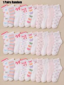 1/10/20 Pairs Random Color Mid-Calf Socks, Sweet Bow Knot Floral Polka Dot Pattern, Soft And Comfortable, Pink, Suitable For Girls And Little Girls Autumn/Winter Daily Wear - Multicolor - View 10