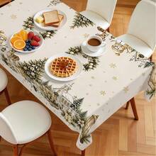 1pc Christmas Town Tablecloth, Christmas Wreath Snowman Deer Snowflake Christmas Tree Print Pattern, Polyester Material Single-Sided Print, Suitable For Tabletop, Washable And Reusable, Suitable For Indoor, Outdoor, Yard, Wedding, Banquet, Party, Outdoor Dining, Suitable For Craft Exhibition, Banquet Event Decoration - Multicolor - View 5
