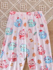 2pcs/Set Winter New Girls Pajamas, Cute Christmas Hexagonal Dragon All-Over Print Lapel Button Long Sleeve Top And Pants, Flame Retardant Comfortable Mid-To-Large Children Home Wear, Christmas Party Wearable Loungewear Set - Multicolor - View 9