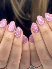 30pcs Y2K Short Oval Cat Eye Press-On Nails, Lotus Pink Nails With Polka Dot Pattern, Acrylic False Nail Set, Includes 1pc Jelly Glue And 1pc Nail File, Crystal Cat Eye Nails - Multicolor - View 3
