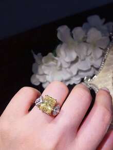 1Pc Women's Rectangular Yellow Cubic Zirconia Ring, Suitable For Wedding, Engagement, Anniversary, Party Wear, Valentine's Day Gift. No Box. - Silver - View 2