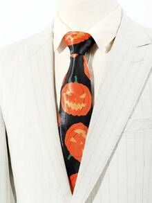 1Pc Men Black Orange Pumpkin Print Soft Fabric Novelty Halloween Necktie For Party Holiday Costume - Multicolor - View 2