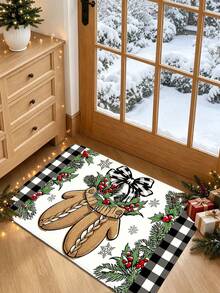 1pc Christmas Vintage Style Holly Bow Pattern Kitchen Mat, Soft Flannel Touch Absorbent Home Entryway Rug, Easy To Clean Washable Long Runner Mat, Kitchen Long Carpet, Suitable For Kitchen, Bathroom, Entryway, Laundry Room, Hallway, Bedroom, Living Room Decor Rug, All Season Use, Great Gift, Christmas Atmosphere Decorative Mat - View 3