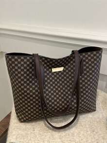 Men's Vintage Checkered Tote Bag Large Capacity Business Briefcase Shoulder Bag Multifunctional Work Office Laptop Handbag For Daily Commute Travel - Brown - View 8