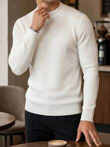 Suéter de punto acanalado de manga larga, cuello simulado, holgado, fino, suave y cómodo para hombres ALTZTAR, adecuado para uso diario casual y desplazamientos - Blanco - Ver 1