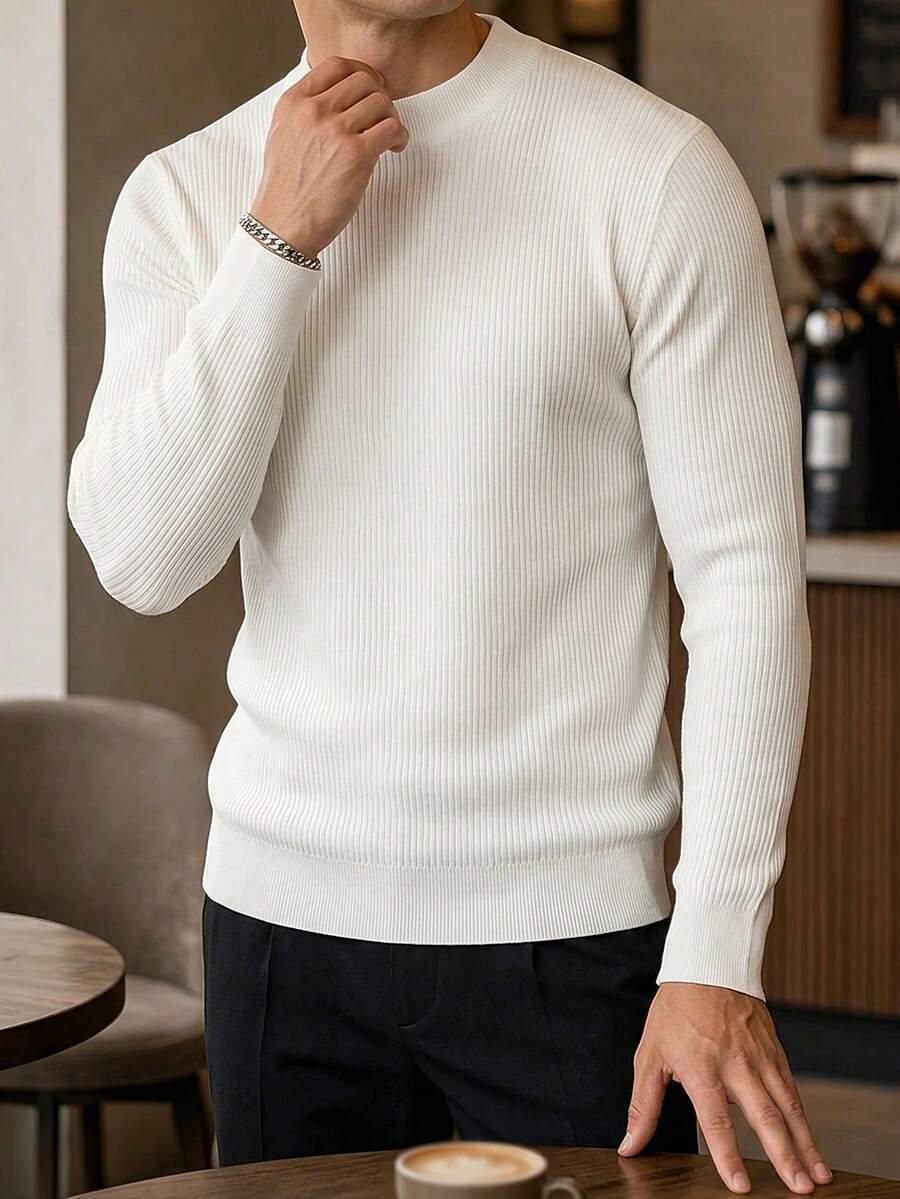 Suéter de punto acanalado de manga larga, cuello simulado, holgado, fino, suave y cómodo para hombres ALTZTAR, adecuado para uso diario casual y desplazamientos - Blanco - Ver 1