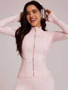 VUTRU 1pc Women's Fitted Sports Jacket With Thumb Hole, Suitable For Running, Yoga Spring - Baby Pink - View 5