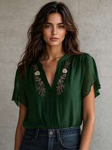 2026 New Deep Green Embroidered V-Neck Shirt, Elegant Embroidered Blouse, Boho Chic Embroidered Top, Versatile Basic Shirt Suitable For All Seasons, Plus Size Friendly Summer - Dark Green - View 3